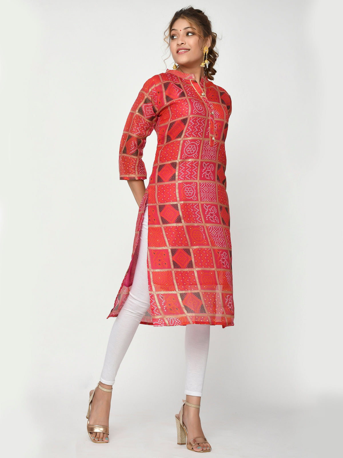 Women Peach & Pink Floral Straight Amoli Kurta