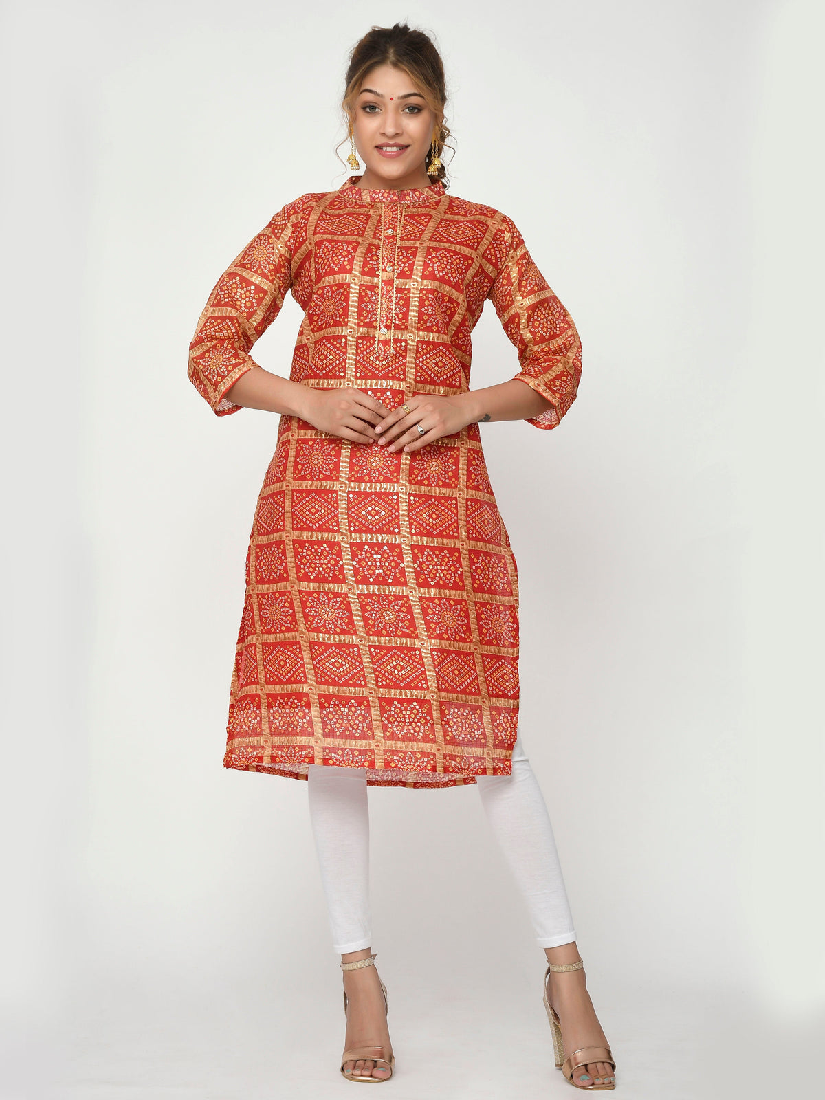 Women Orange & Yellow Chunari Bandhej Straight Aria Kurta