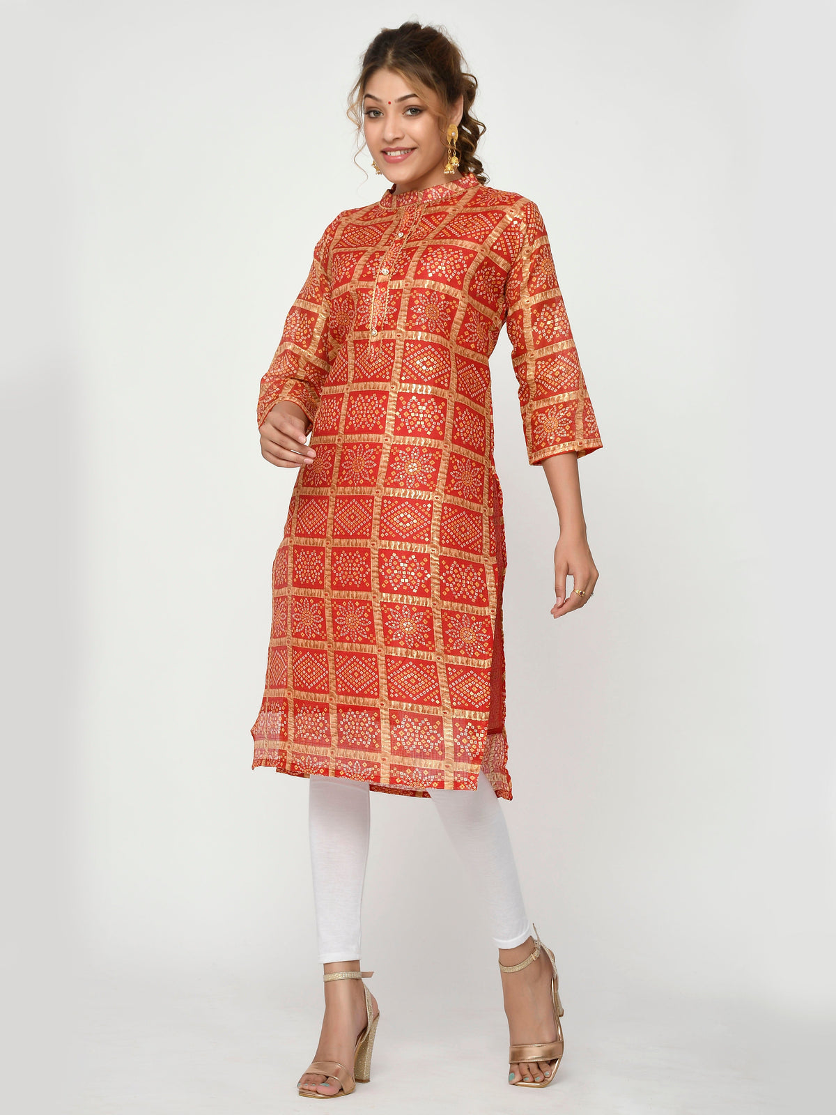 Women Orange & Yellow Chunari Bandhej Straight Aria Kurta
