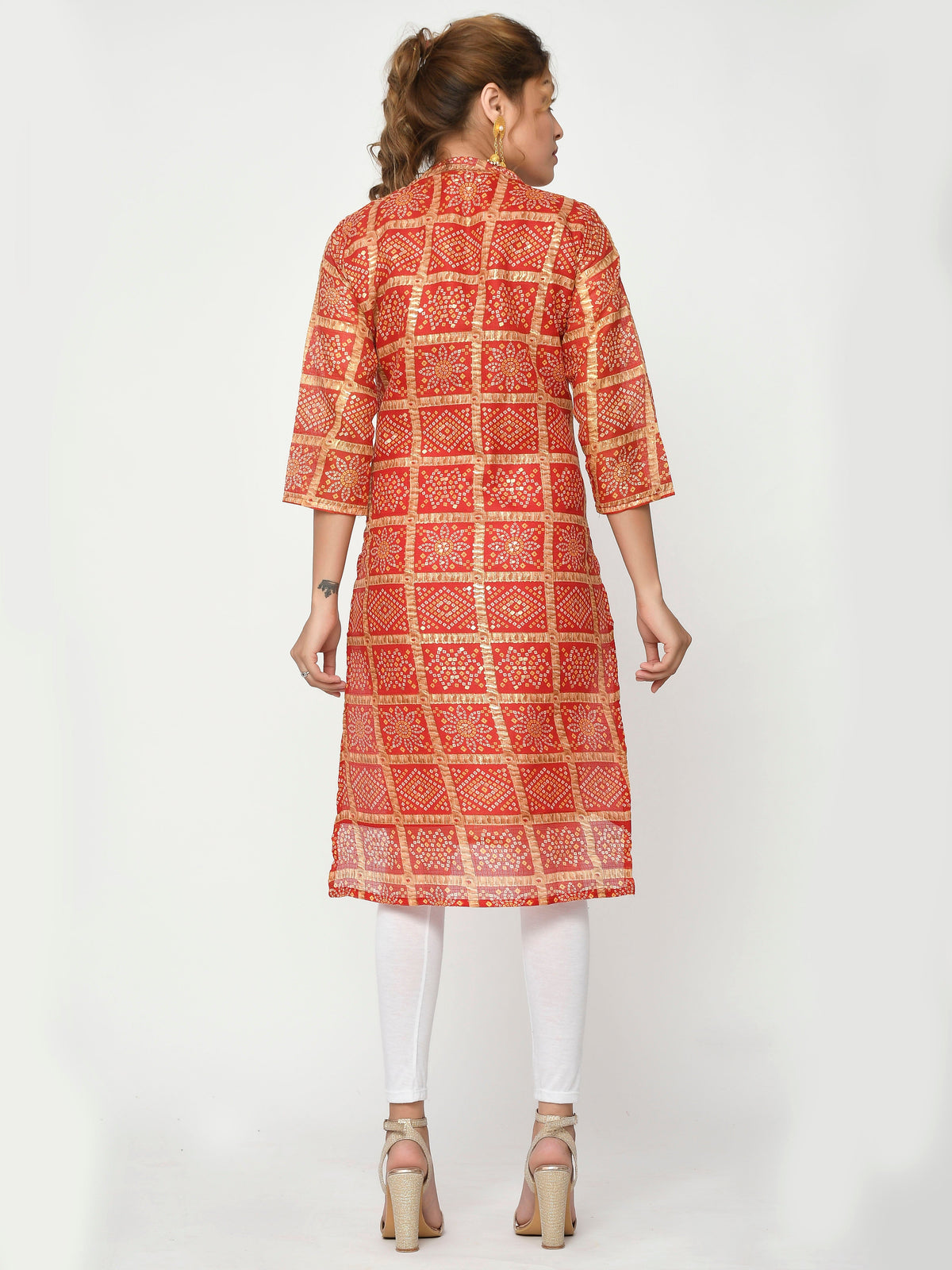 Women Orange & Yellow Chunari Bandhej Straight Aria Kurta