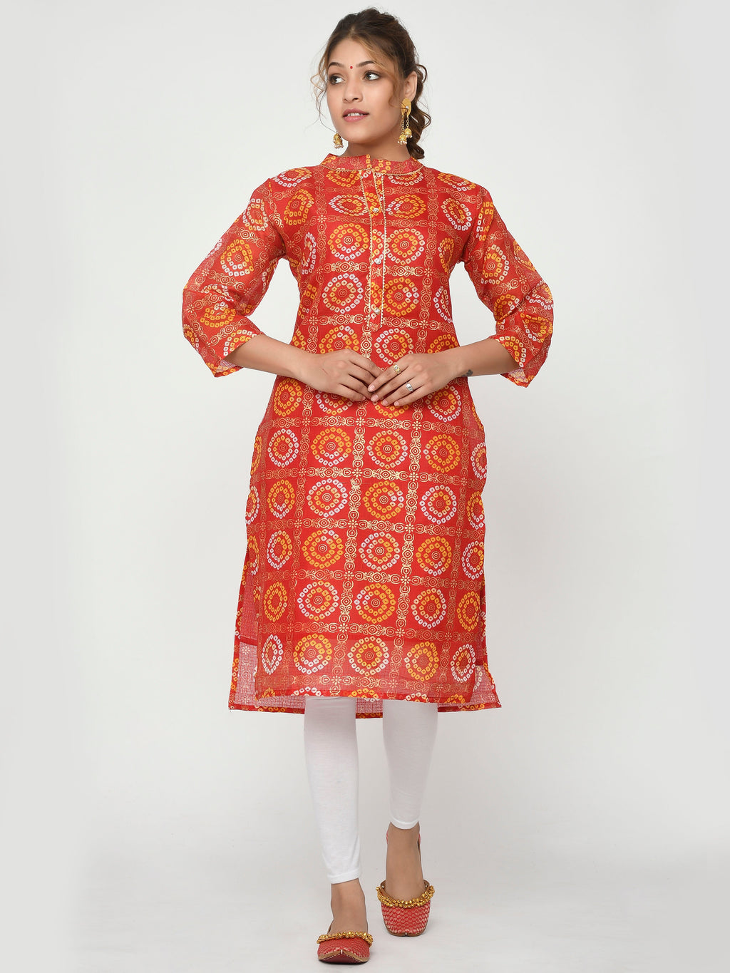 Women Orange & Gold Leheriya Straight Amani Kurta