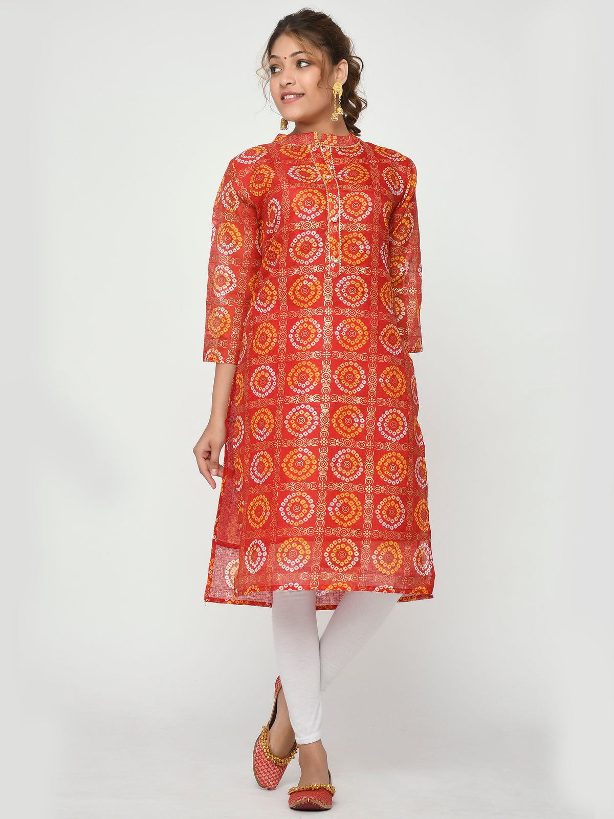 Women Orange & Gold Leheriya Straight Amani Kurta