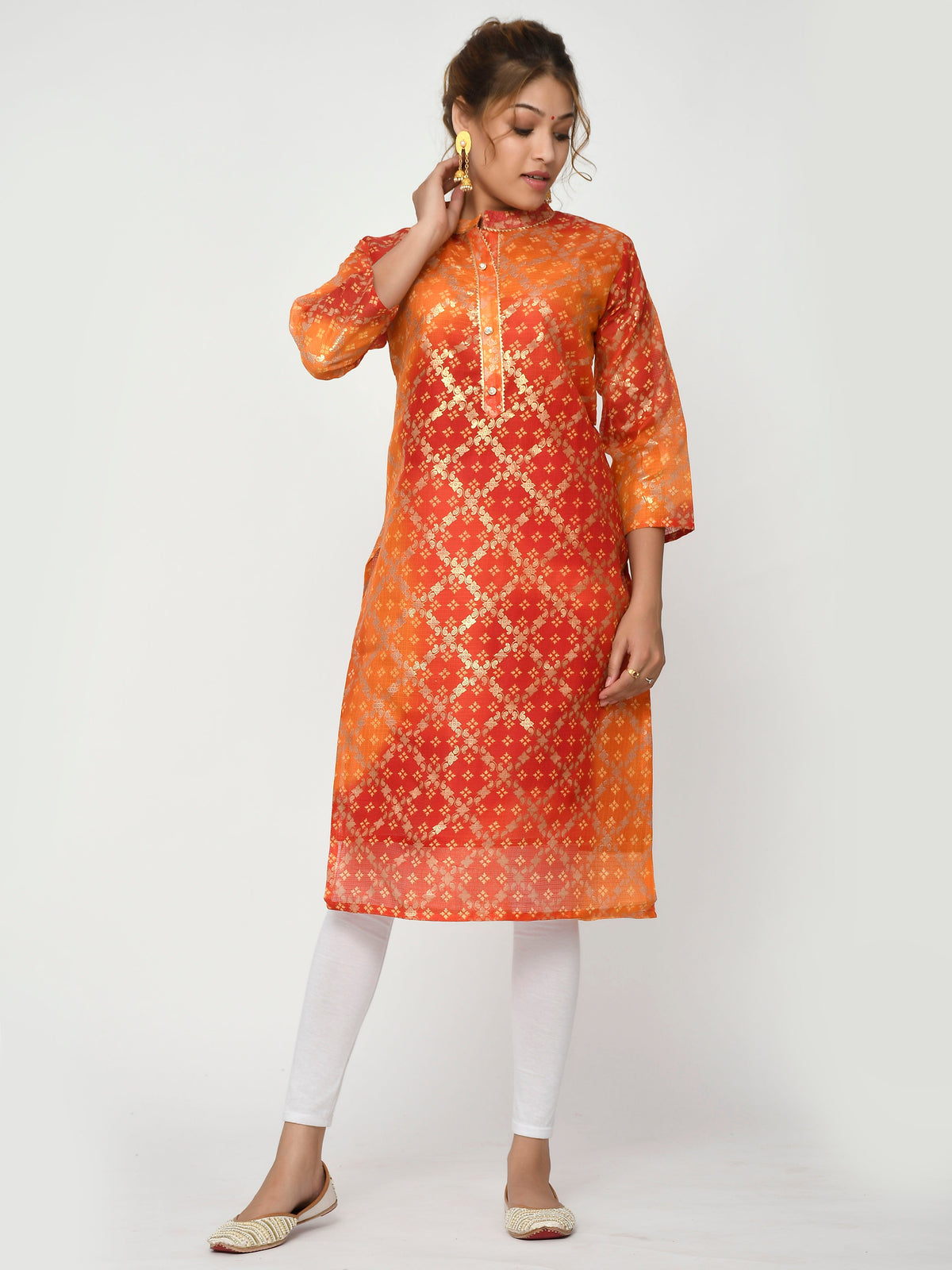 Women Pink & Yellow Chunari Bandhej Straight Adwitiya Kurta