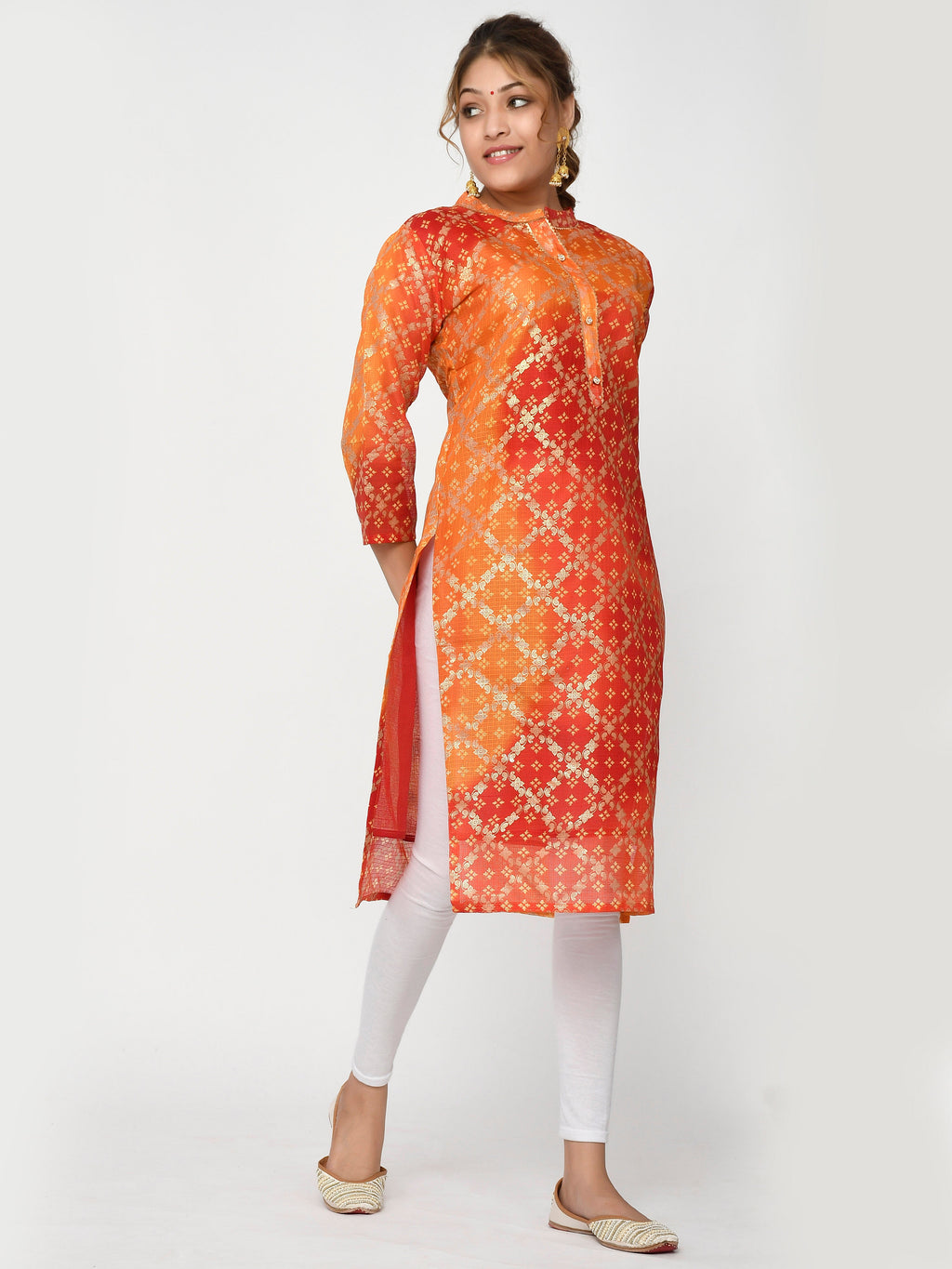Women Pink & Yellow Chunari Bandhej Straight Adwitiya Kurta