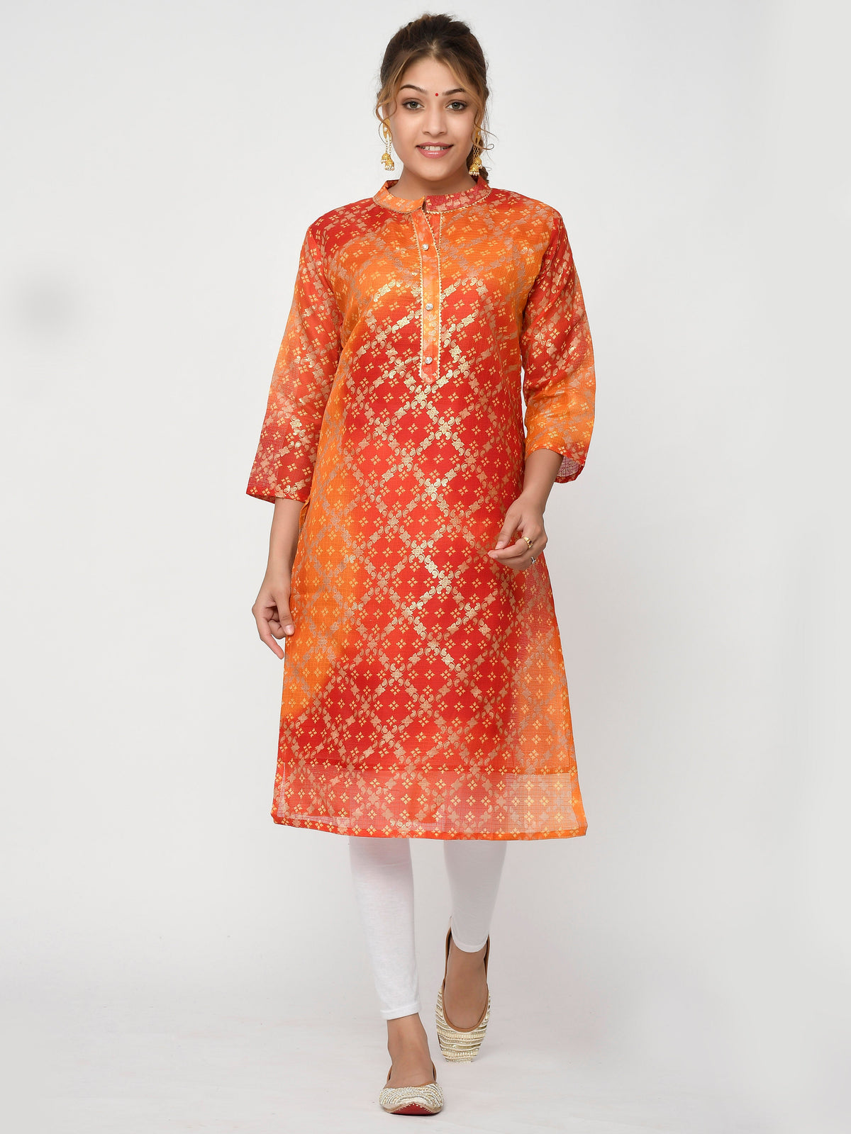Women Pink & Yellow Chunari Bandhej Straight Adwitiya Kurta
