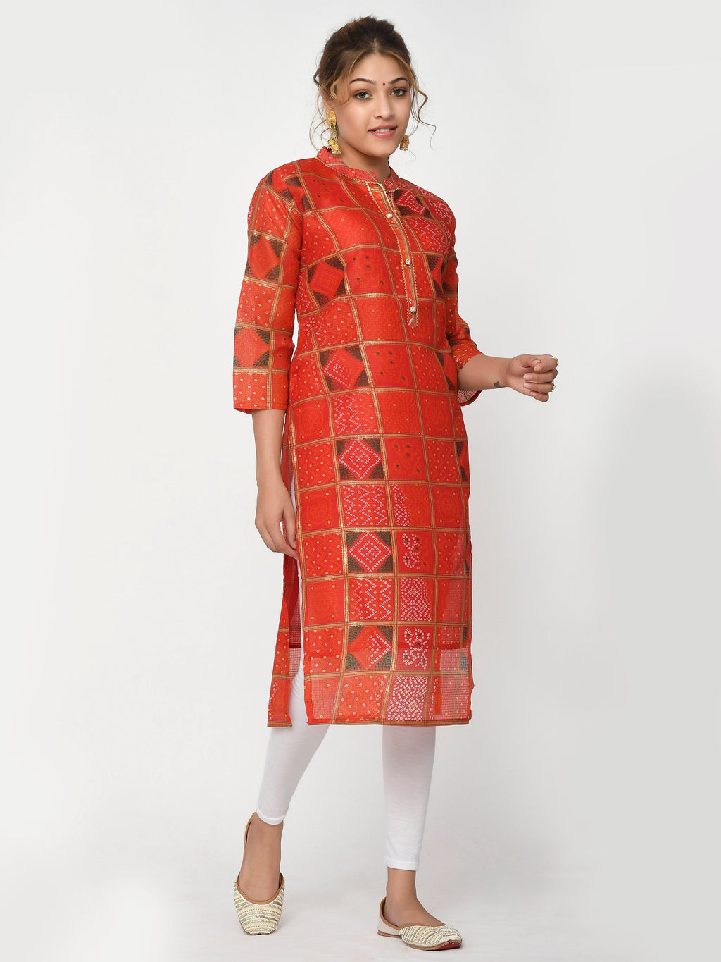 Women Orange & Gold Leheriya Straight Devina Kurta