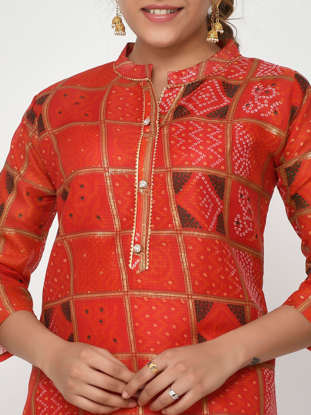 Women Orange & Gold Leheriya Straight Devina Kurta