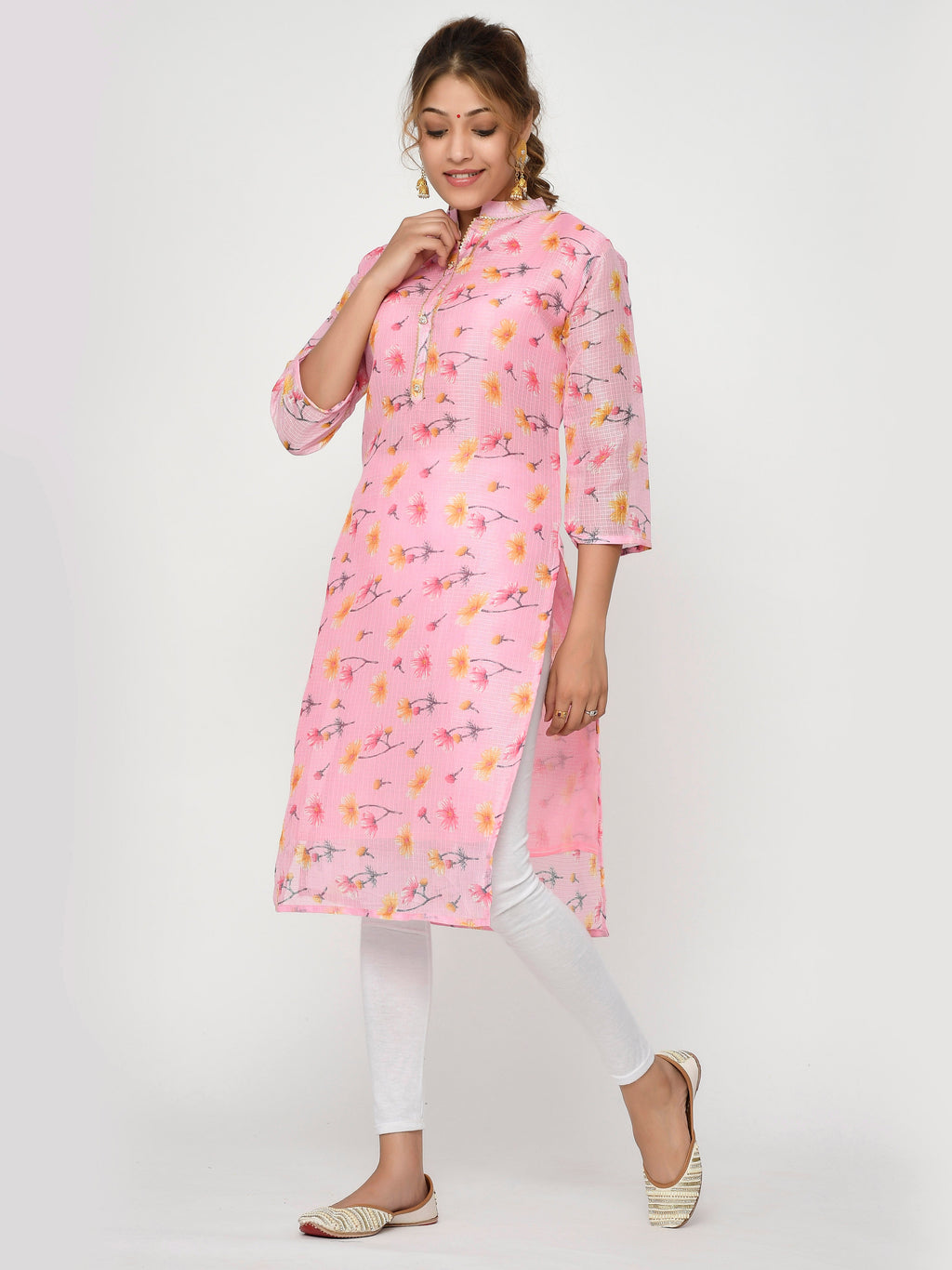 Women Peach & Pink Floral Straight Adiya New Kurta