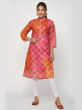 Women Pink & Yellow Chunari Bandhej Straight Ayla Kurta