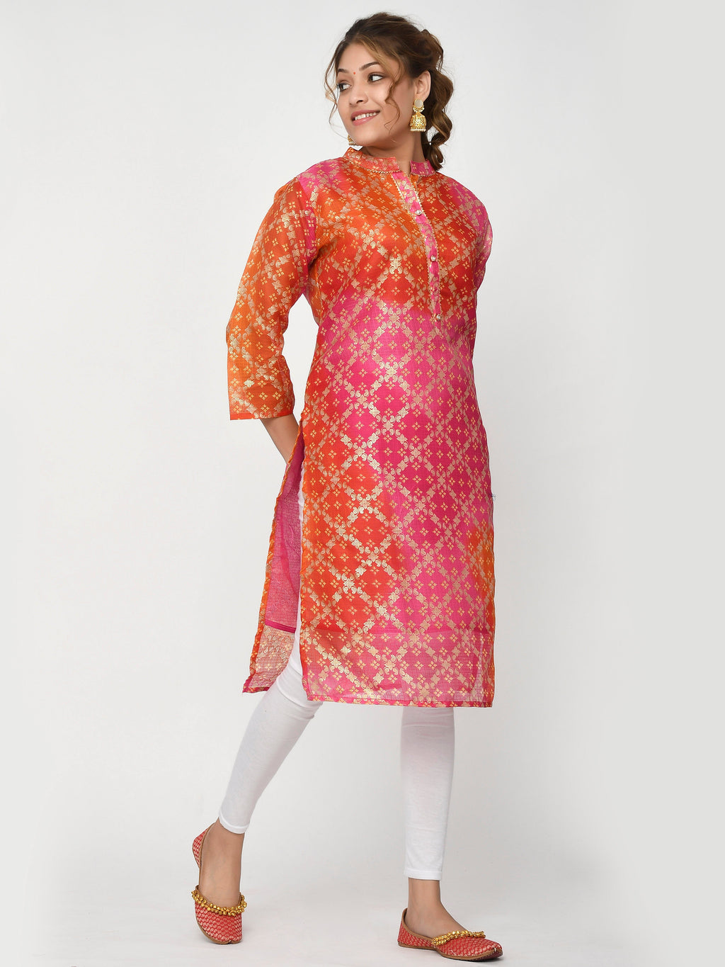 Women Pink & Yellow Chunari Bandhej Straight Ayla Kurta