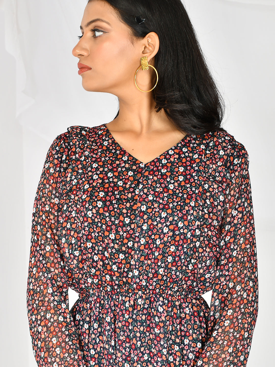 Floral Printed V-Neck Knee Length Western Dress For women/girls