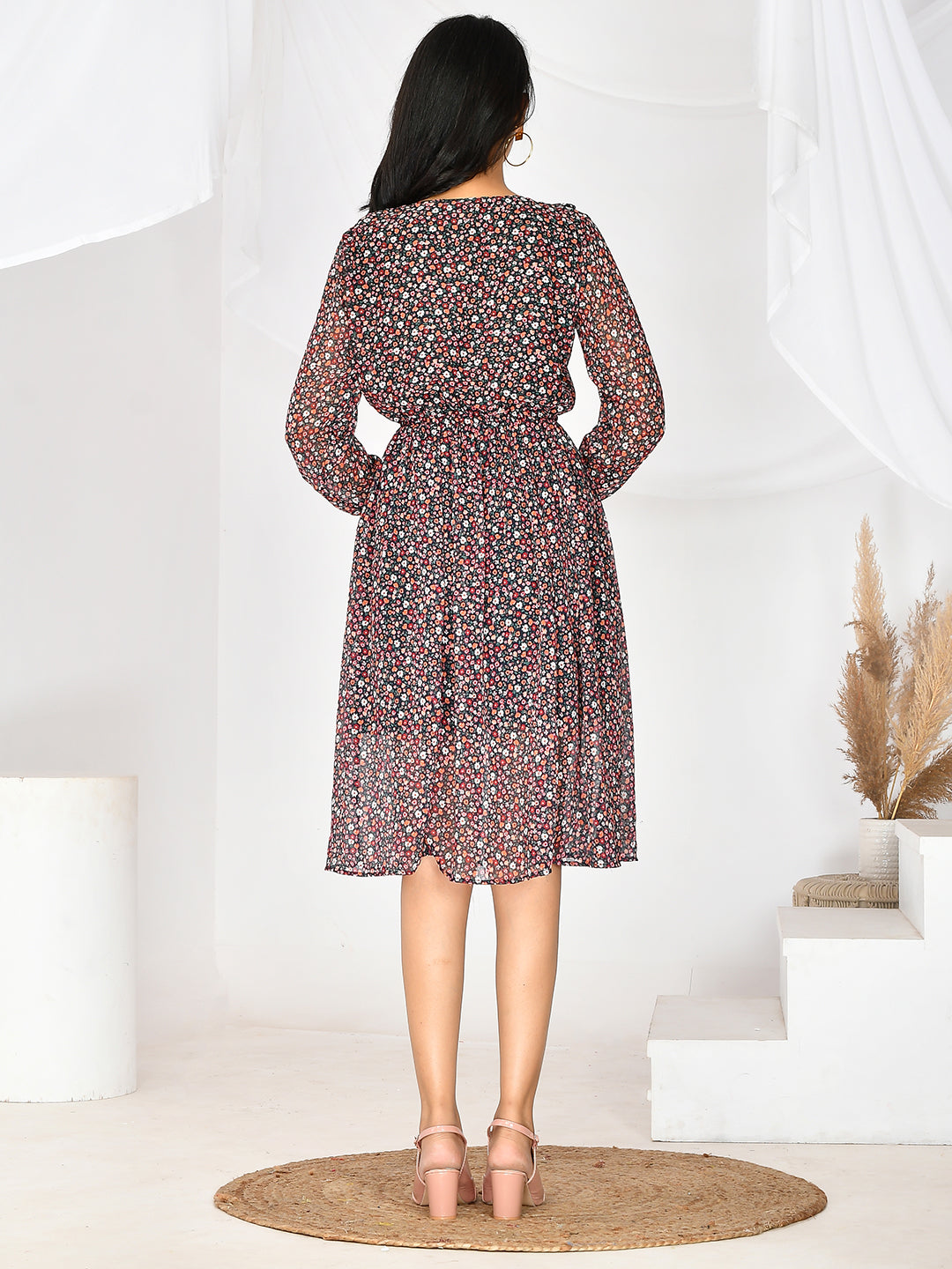Floral Printed V-Neck Knee Length Western Dress For women/girls